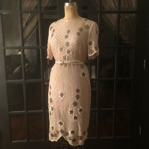 PINK SILK BEADED  VINTAGE GATSBY FLORAL DRESS